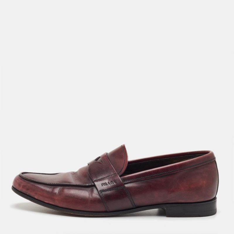 Prada Size 41 Burgundy Two Toned Leather Slip On Loafers